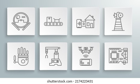 Set line Mechanical robot hand, Conveyor belt with cardboard box, Assembly line, Remote aerial drone, Printed circuit PCB, Smart home, Antenna and Robot vacuum cleaner icon. Vector