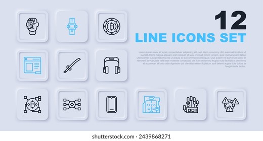 Set line Mechanical robot hand, Earth with exclamation mark, Katana, Futuristic sliding doors, Browser window, Neural network, Wrist watch and Mobile phone icon. Vector