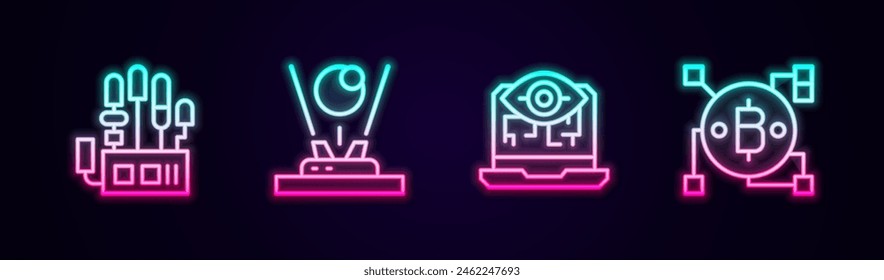 Set line Mechanical robot hand, Hologram, Computer vision and Blockchain technology Bitcoin. Glowing neon icon. Vector