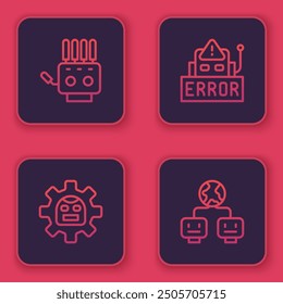 Set line Mechanical robot hand, Robot, Error in and Artificial intelligence. Blue square button. Vector