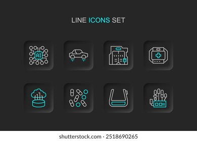 Set Linie Mechanische Roboter Hand, Medizinische Pille Biohacking, Netzwerk Cloud-Verbindung, Erste Hilfe-Kit, Futuristische Schiebetüren, Fantastische fliegende Auto und Neuronale Netzwerk-Symbol. Vektorgrafik