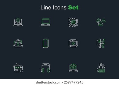 Set line Mechanical robot hand, Computer vision, Headphones, Futuristic weapon, Humanoid, First aid kit, Mobile and Exclamation mark in triangle icon. Vector