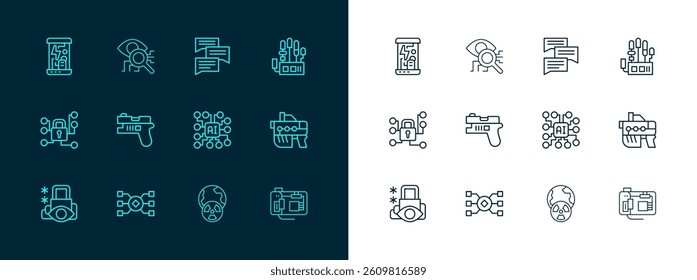 Set line Mechanical robot hand, Neural network, Planet earth radiation, Futuristic weapon, Speech bubble chat, Cryogenic capsules and Eye scan icon. Vector