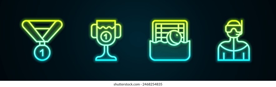 Set line Medal, Award cup, Water polo and Wetsuit for scuba diving. Glowing neon icon. Vector