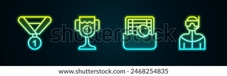 Set line Medal, Award cup, Water polo and Wetsuit for scuba diving. Glowing neon icon. Vector