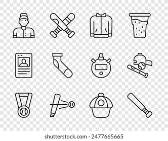 Set line Medal with baseball ball, Baseball bat, t-shirt, player, sock, cap and hat icon. Vector