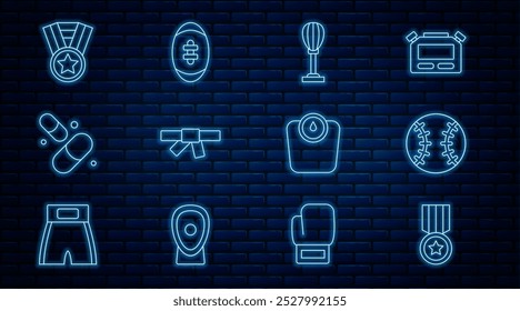 Set line Medal, Baseball ball, Punching bag, Black karate belt, Vitamin pill, Bathroom scales and American Football icon. Vector