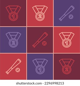 Set line Medal, Baseball bat with ball and  icon. Vector