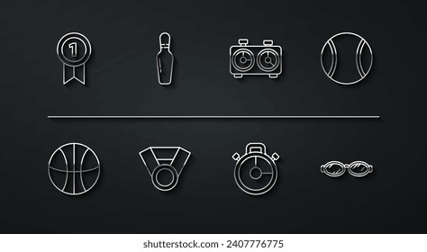 Set line Medal, Basketball ball, Tennis, Stopwatch, Bowling pin, Glasses for swimming and Time chess clock icon. Vector