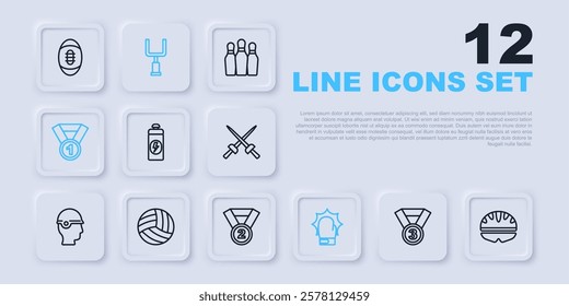 Set line Medal, Bicycle helmet, Fitness shaker, Punch in boxing gloves, Volleyball ball, American football goal post and  icon. Vector