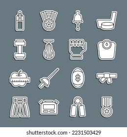 Set line Medal, Black karate belt, Bathroom scales, Ringing bell, Punching bag, Dumbbell,  and MMA glove icon. Vector