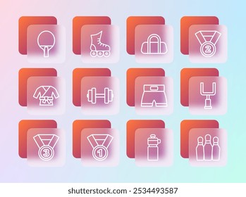 Set line Medal, Boxing short, Fitness shaker, Dumbbell, Sport bag, Racket and Roller skate icon. Vector