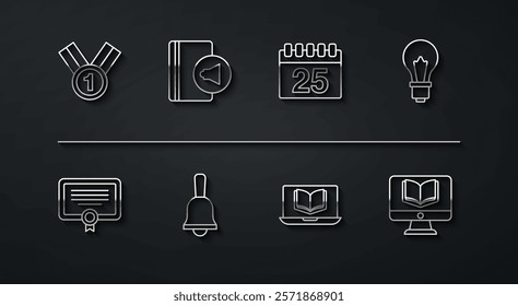 Set line Medal, Certificate template, Light bulb with idea, Online class, Ringing bell, Audio book,  and Calendar icon. Vector