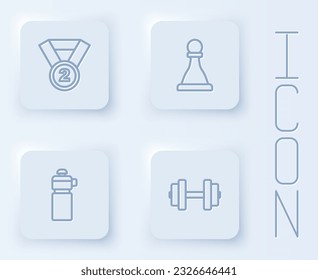 Set line Medal, Chess, Fitness shaker and Dumbbell. White square button. Vector