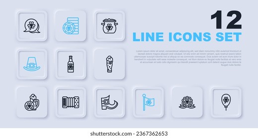 Set line Medal with clover, Balloon trefoil leaf, Beer bottle, Ireland flag, Leprechaun hat, Accordion, Golden leprechaun coin and boot icon. Vector