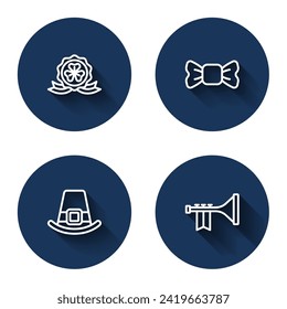 Set line Medal with clover, Bow tie, Leprechaun hat and Trumpet with long shadow. Blue circle button. Vector