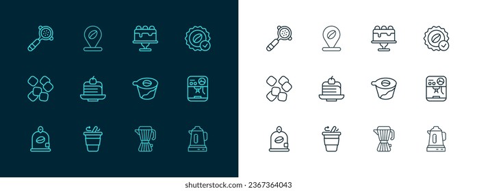 Set line Medal for coffee, Coffee cup to go, Pour over maker, moca pot, Piece cake, Cake, filter holder and Location with bean icon. Vector