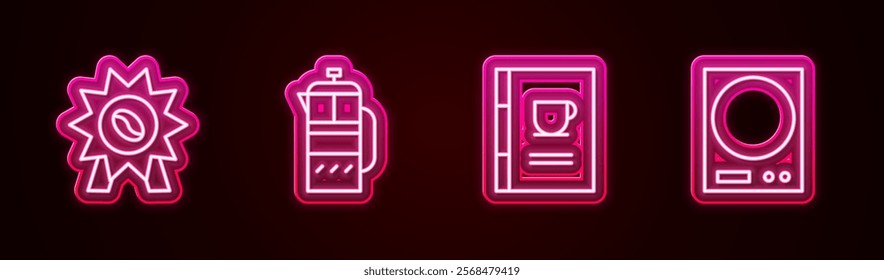 Set line Medal for coffee, French press, Coffee book and Electronic scales. Glowing neon icon. Vector