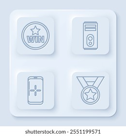 Fije la línea Medalla, computadora, teléfono inteligente y jugar en el juego y la medalla. Botón cuadrado blanco. Vector