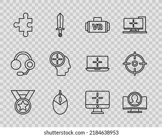 Fijar la línea Medal, Crear pantalla de cuenta, Gafas de realidad virtual, Juegos de ratón por ordenador, Pieza de rompecabezas, concepto de caza de cabezas, monitor e icono de deporte de destino. Vector
