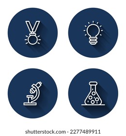 Set line Medal, Creative lamp light idea, Microscope and Test tube with long shadow. Blue circle button. Vector
