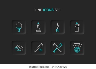 Set line Medal, Crossed baseball bat, Baseball with, Hockey puck, Fitness shaker, Dart arrow, Chess and Racket icon. Vector