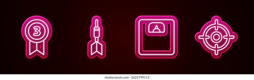 Set line Medal, Dart arrow, Bathroom scales and Target sport. Glowing neon icon. Vector