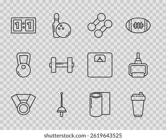 Set line Medal, Fitness shaker, Dumbbell, Fencing, Sport mechanical scoreboard, mat roll and TPX loop training equipment icon. Vector