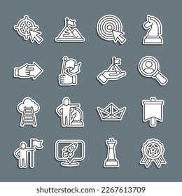 Set line Medal, Flag, Magnifying glass for search, Target with arrow, Hand holding flag, pointing finger,  and Mountains icon. Vector