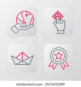 Set line Medal, Folded paper boat, Target and Hand holding Earth globe icon. Vector