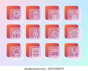 Set line Medal, Football field, Hockey puck, Boxing short, Smart watch with heart, Weight and Fitness shaker icon. Vector