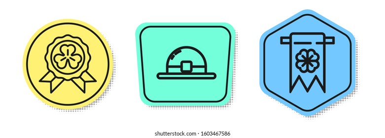 Set line Medal with four leaf clover, Leprechaun hat and Four leaf clover and party pennant. Colored shapes. Vector