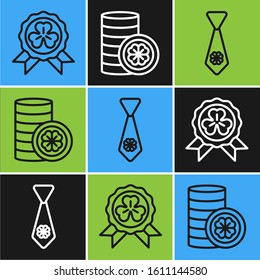Set line Medal with four leaf clover, Tie with four leaf clover and Gold coin with four leaf clover icon. Vector