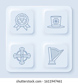 Set line Medal with four leaf clover, Leprechaun hat and four leaf clover, Celtic cross and Harp. White square button. Vector