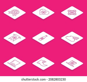 Set line Medal with four leaf clover, Heart, Celtic cross, Four and party pennant, Beer bottle, Rainbow cloud, Leprechaun hat and Tradition leprechaun boots icon. Vector