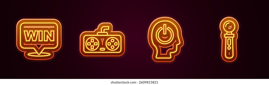 Set line Medal, Game controller or joystick, Power button and VR game. Glowing neon icon. Vector