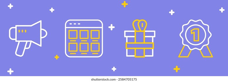 Set line Medal, Gift box, Online shopping on screen and Megaphone icon. Vector