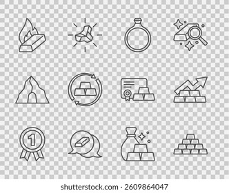 Set line Medal, Gold bars, ring, Molten gold being poured, exchange money, Bag of and Growth arrow with icon. Vector