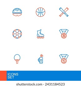 Set line Medal, Golf bag with clubs, Racket, Soccer football ball, Roller skate, Crossed baseball bat and Basketball icon. Vector