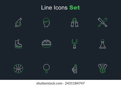 Set line Medal, Golf bag with clubs, Racket, Basketball ball, Chess, American football goal post, Bicycle helmet and Roller skate icon. Vector