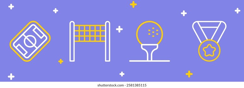 Set line Medal, Golf ball on tee, Volleyball net and Football field icon. Vector