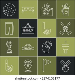 Set line Medal golf, Golf tee, Crossed club with ball, in water, label, pants,  and  icon. Vector