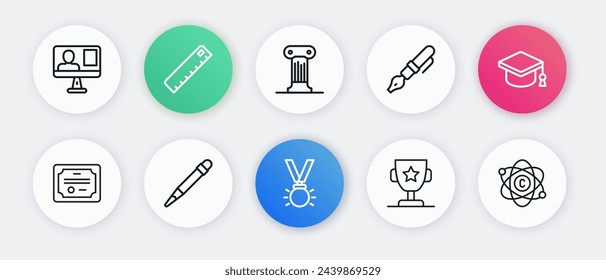 Set line Medal, Graduation cap, Certificate template, Award cup, Fountain pen nib, Law pillar, Atom and Pencil with eraser icon. Vector