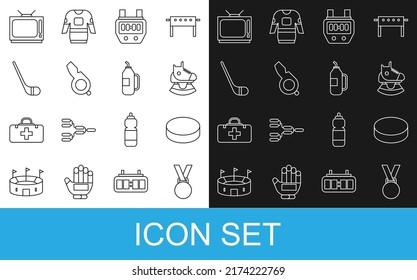 Set line Medal, Hockey puck, Skates, Stopwatch, Whistle, Ice hockey stick, Retro tv and Fitness shaker icon. Vector