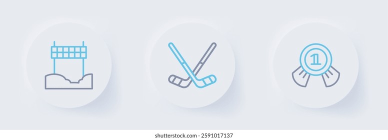 Set line Medal, Ice hockey sticks and Ribbon in finishing line icon. Vector