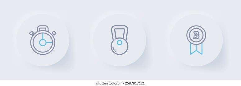 Set line Medal, Kettlebell and Stopwatch icon. Vector