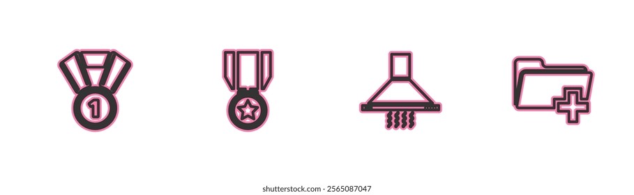 Set line Medal, Kitchen extractor fan, with star and Add new folder icon. Vector