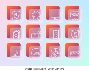 Set line Medal, Level game, Mobile gaming, Target sport, Chest for, Computer monitor, Power button and Headphones icon. Vector