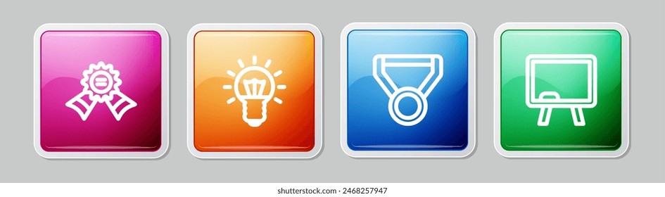 Set line Medal, Light bulb,  and Chalkboard. Colorful square button. Vector