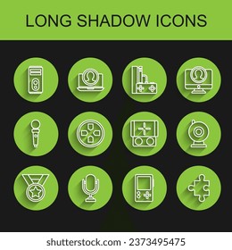 Set line Medal, Microphone, Computer, Portable video game console, Piece of puzzle, Gamepad, Web camera and  icon. Vector